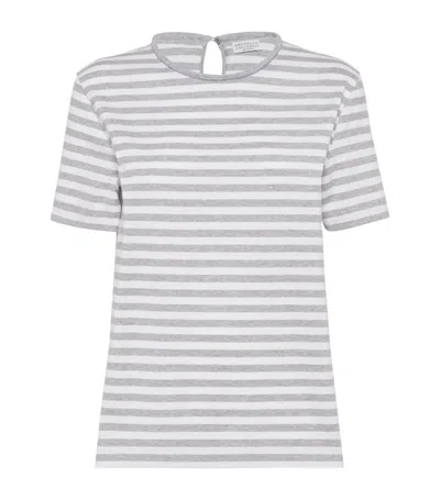 Brunello Cucinelli Cotton Striped Monili T-shirt In Grey