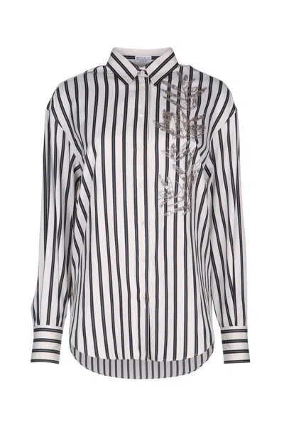 Brunello Cucinelli Cotton Striped Shirt With Glistening Flora Embroidery In Multicolor