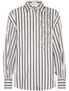 Brunello Cucinelli Women Cotton Striped Shirt With Glistening Flora Embroidery