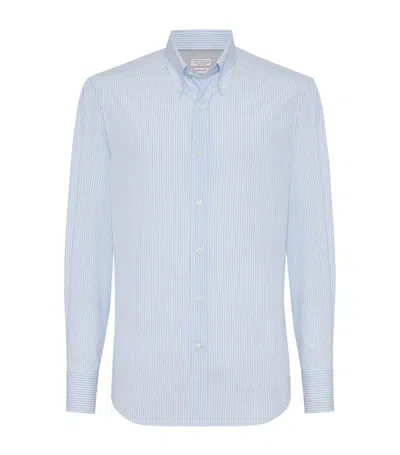 Brunello Cucinelli Cotton Striped Slim-fit Shirt In Azure