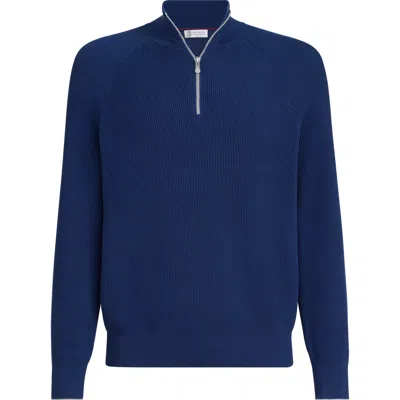 Brunello Cucinelli Blue Cashmere Blend Lightweight Half-zip Sweater