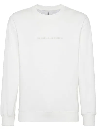 Brunello Cucinelli Cotton Sweater With Embroidered Logo In White