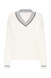 Brunello Cucinelli White T-shirt With V Neck And Monil Detail On The Collar In Panama