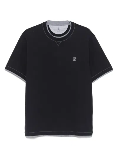 Brunello Cucinelli Men Cotton T-shirt With Logo Embroidery In Black