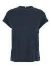 Brunello Cucinelli Blue Crewneck T-shirt With Monil Detail On The Collar And Rear Cut-out In Cotton Stretch Woman In Blue