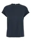 Brunello Cucinelli Blue Crewneck T-shirt With Monil Detail On The Collar And Rear Cut-out In Cotton Stretch Woman In Blue