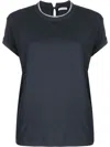 Brunello Cucinelli Blue Crewneck T-shirt With Monil Detail On The Collar And Rear Cut-out In Cotton Stretch Woman In Blue