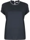 Brunello Cucinelli Blue Crewneck T-shirt With Monil Detail On The Collar And Rear Cut-out In Cotton Stretch Woman In Blue