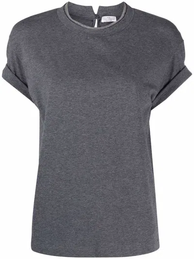 Brunello Cucinelli Metallic Short-sleeve Cashmere Silk T-shirt In C7186 Blu Freddo