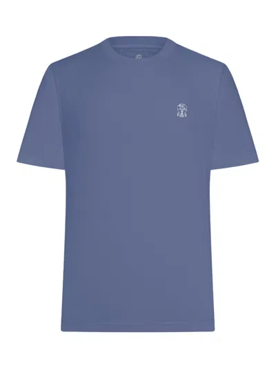 Brunello Cucinelli Men Cotton T-shirt With Contrasting Logo Print In Blue