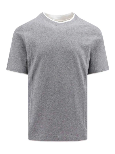 Brunello Cucinelli Cotton T-shirt With Contrasting Profiles In Grey