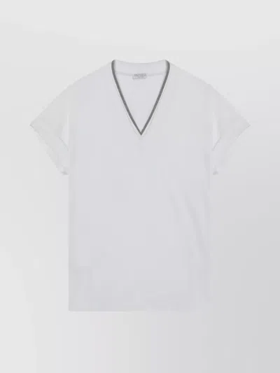 BRUNELLO CUCINELLI COTTON T-SHIRT WITH V-NECK AND CONTRAST TRIM