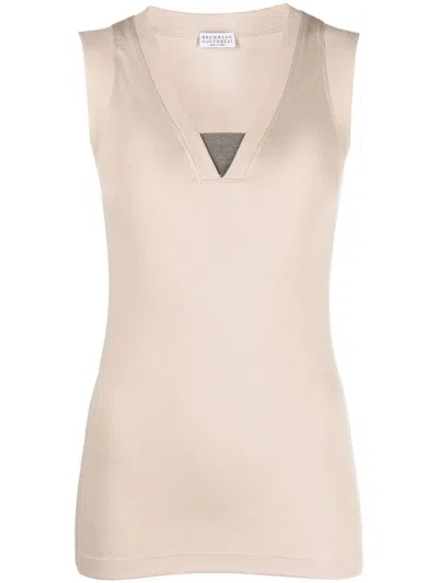 Brunello Cucinelli Stretch Cotton Sleeveless V-neck Tank Top In Neutral