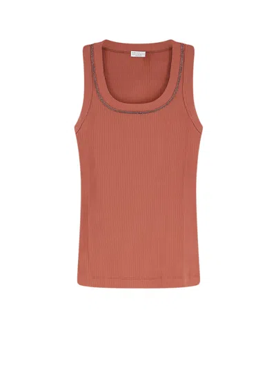 Brunello Cucinelli Cotton Tank Top With Shiny Trim Profile In Brown