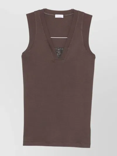 BRUNELLO CUCINELLI COTTON TANK V NECK STRETCH RIBBED TOP