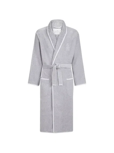 Brunello Cucinelli Cotton Terrycloth Bathrobe With Linen Trims In Gray