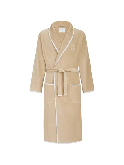 Brunello Cucinelli Cotton Terrycloth Bathrobe With Linen Trims In Multi