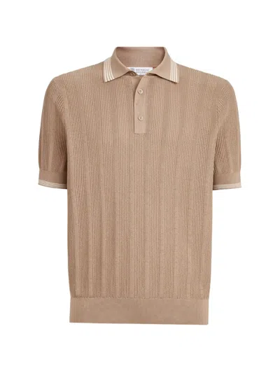 Brunello Cucinelli Cotton Textured Rib-knit Polo In Brown