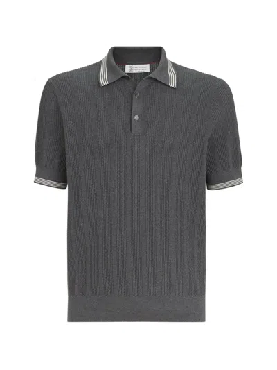 Brunello Cucinelli Cotton Textured Rib-knit Polo In Gray