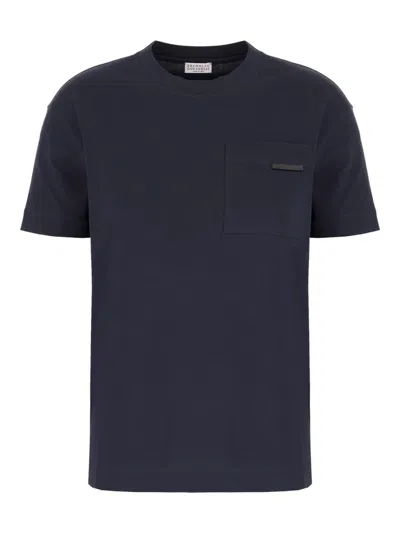 Brunello Cucinelli Cotton T-shirt With Pocket And Jewelry Application In Blue
