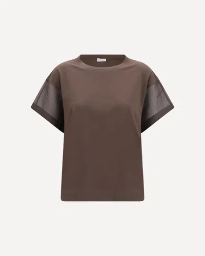 Brunello Cucinelli Cotton T-shirt With Sheer Sleeves And Side Panels In Brown