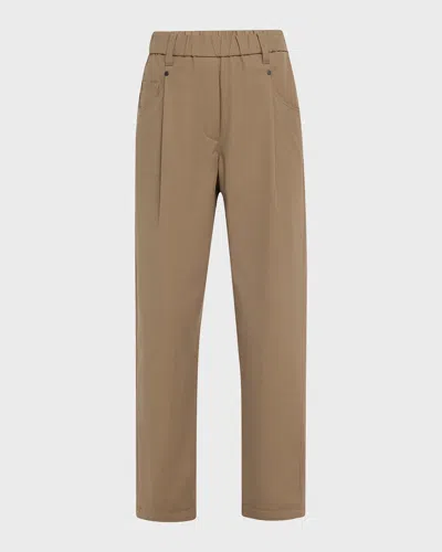 Brunello Cucinelli Cotton Twill Straight-leg Ankle Pull-on Pants In Brown