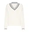Brunello Cucinelli White T-shirt With V Neck And Monil Detail On The Collar In White