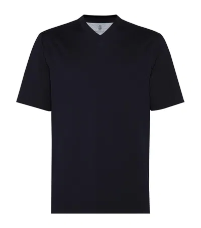 Brunello Cucinelli Cotton V-neck T-shirt In Blue
