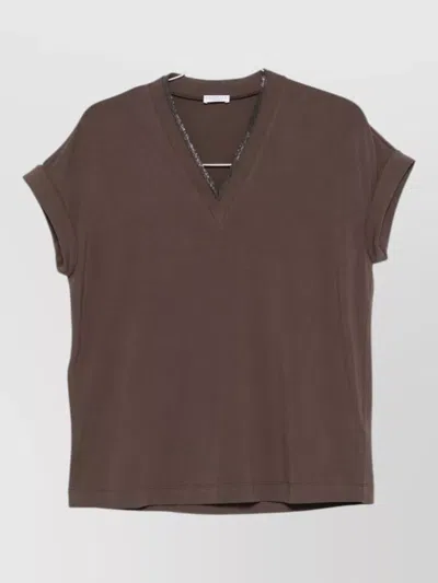 Brunello Cucinelli Cotton V Neck T Shirt Rolled Cuffs In Brown