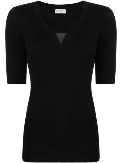 Brunello Cucinelli Cotton V-necked Sweater In Black