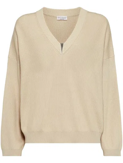 Brunello Cucinelli Cotton V-necked Sweater In Beige