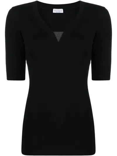 Brunello Cucinelli Cotton V-necked Sweater In Black