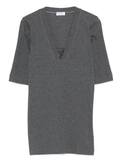 Brunello Cucinelli Cotton V-necked Sweater In Gray