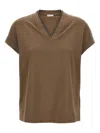 Brunello Cucinelli Rolled Cuffs V-neck Short Sleeve Top In Brown