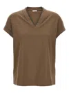 Brunello Cucinelli Rolled Cuffs V-neck Short Sleeve Top