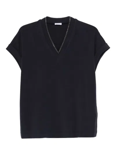 Brunello Cucinelli Cotton V-necked T-shirt In Blue