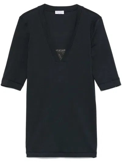Brunello Cucinelli Fitted V-necked Cotton Top In Black