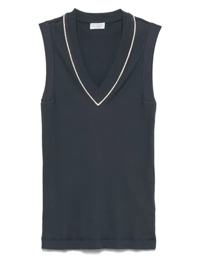 Brunello Cucinelli Cotton V-necked Top In Gray
