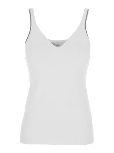 Brunello Cucinelli Cotton V-neck Tank Top With Monile Trim For Women In White