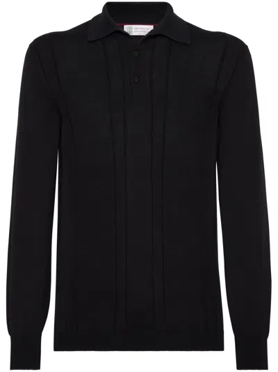 Brunello Cucinelli Cotton Waffle Knit Polo In Black