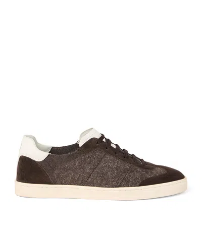 Brunello Cucinelli Cotton, Washed Suede And Calfskin Sneakers In Brown