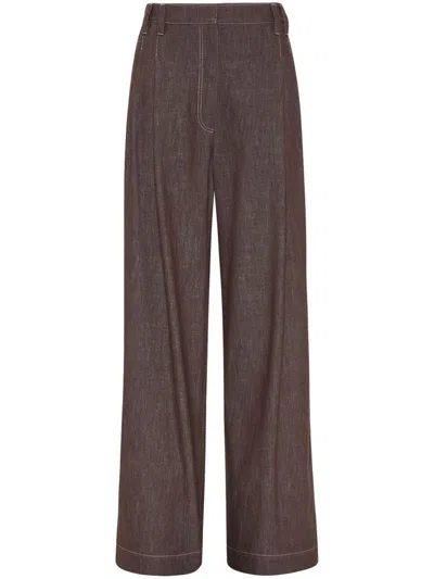 Brunello Cucinelli Cotton Wide Leg Denim Effect Pants In Brown