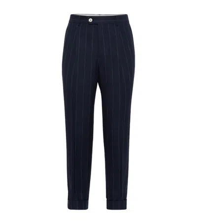 Brunello Cucinelli Cotton-wool Chalk-stripe Trousers In Blue