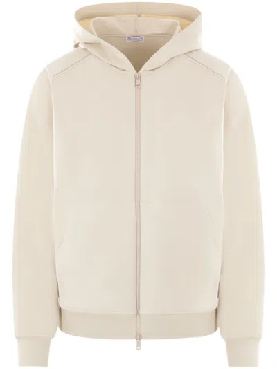 Brunello Cucinelli Cotton Zip-up Sweatshirt With Hood In Neutrals