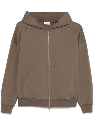 Brunello Cucinelli Zippered Cotton Hoodie With Kangaroo Pocket In Brown