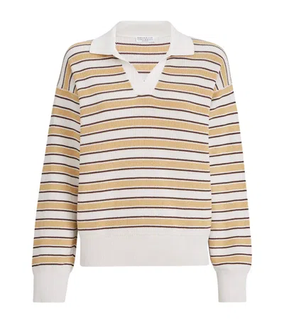 Brunello Cucinelli Cotton-blend Stripe Polo Sweater In Yellow