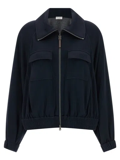 Brunello Cucinelli Cotton-silk Interlock Sweatshirt In Navy