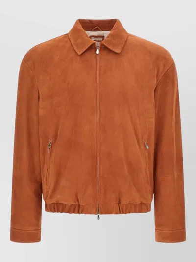 Brunello Cucinelli Country Style Jacket Collared Elasticated Hem In Orange