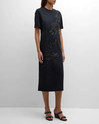 Brunello Cucinelli Couture Felpa Midi Dress With Raffia Magnolia Flower In C101 Black