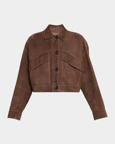 Brunello Cucinelli Couture Suede Crop Shirt Jacket In Brown